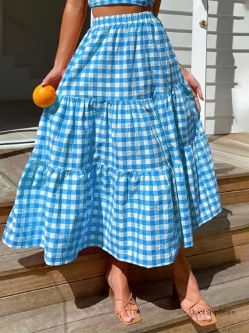 Women's 100% Cotton High Waist Plaid Tiered Maxi Skirt with Pockets Boho Flowy